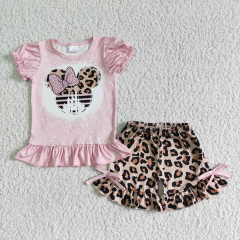 Pink Bow Print Bleached Shirt Leopard Shorts Girls Summer Outfit