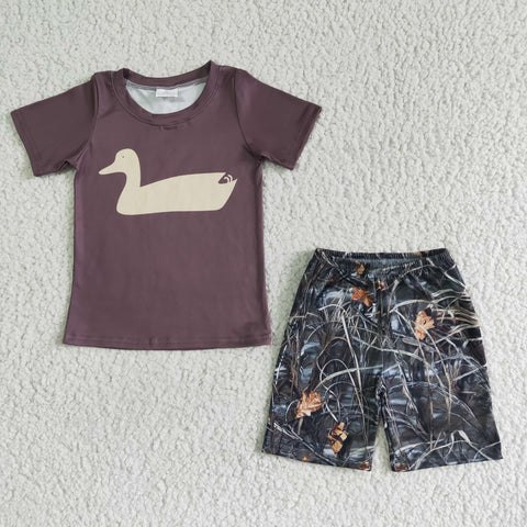 Duck Print Brown Short Sleeve Shorts Baby Boy Summer Outfit