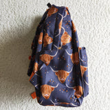 Navy Highland Cow Print Kids Girls Back To School Bags