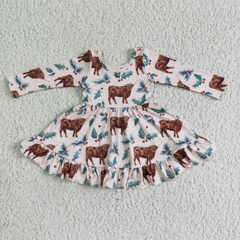 Highland Cow Leaf Print Baby Girls Long Sleeve Twirl Dress