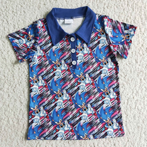 Blue Neck Cute Print Short Sleeve Boy Polo shirt
