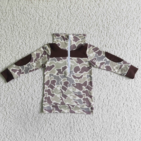 Cool Boy Camouflage Brown Zippered Sweater Boy Long Sleeve Top