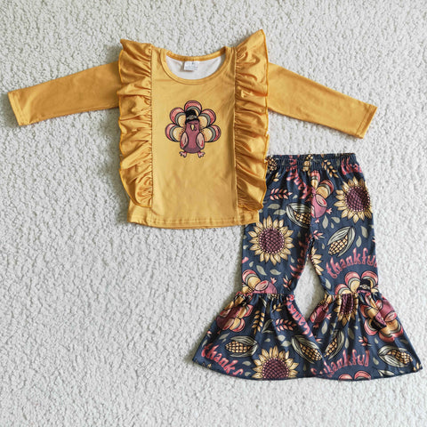 Yellow Turkey Print Shirt Sunflower Bell Bottom Pants Girls Thanksgiving Clothes Outfit