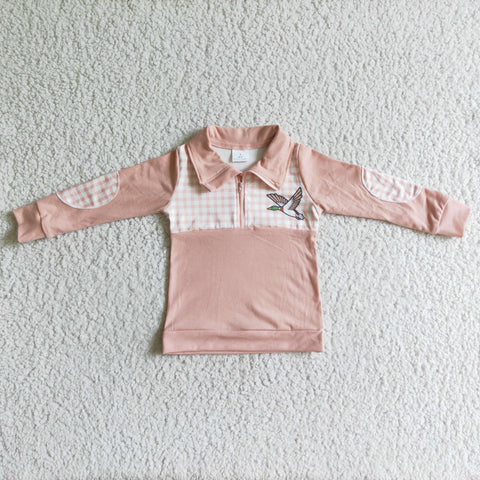Peach Pink Birds Print Zippered  Sweater Boy Long Sleeve Polo
