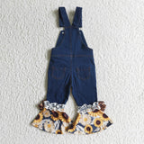 Dark Blue Sunflower Leopard Denim Pants Girls Ruffle Overall Jeans