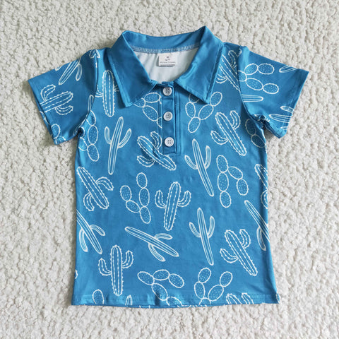 Blue Cactus Short Sleeve Boy Western Polo T-shirt