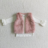 Pink Vest White Long Sleeve Shirt Pink Flower Bell Bottom Pants Girls Outfit