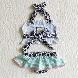 Cow Embroidery Plaid Girl 2 Pieces Swimsuits