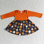 Halloween Orange Pumpkin Print Baby Girls Long Sleeve Twirl Dresses