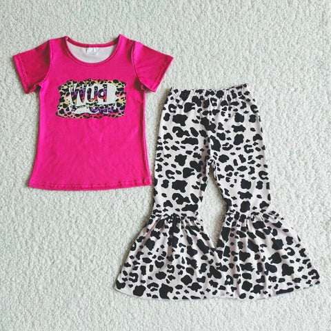 B7-30 Rose Red Shirt With Letters Cow Line Pants Girls Outfits-promotion 2024.4.13