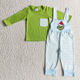 Boy Green Pocket Shirt Blue Overall Green Monster Face Boy Christmas Clothing