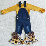 Girl Yellow Sunflower Leopard Shirt Ruffle Denim Overall Jean Outfit