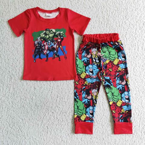 Boy Clothing Red Cartoon Character Print Short Sleeve Long Pants Outfit
