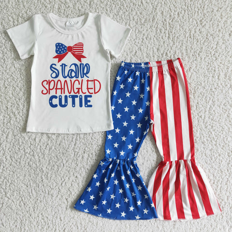 4th Of July White Short Sleeve Blue Bell Bottom Pants Outfit