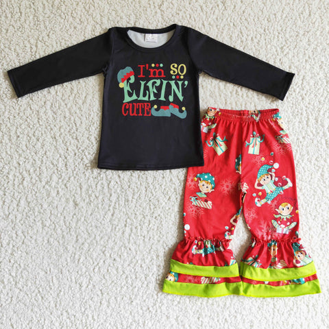 GLP0155 Girl Black Letter Print Long Sleeve Shirt Red Cartoon Long Pants Outfit-promotion 2024.10.12