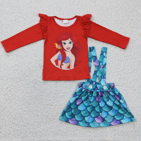 Kids girl red top skirt mermaid overall set
