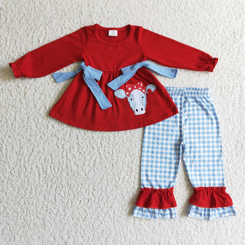 Fall red bowtie tops ruffle pants embroidered cow girls plaid outfits kids fancy clothing sets