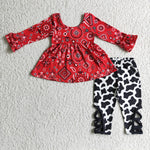 GLP0091 Red tunic top cow print criss-cross pants kids clothing sets-promotion 2024.9.14