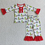 GLP0133 Green pattern child fancy lounge wear kids pajamas outfits baby girls' clothes sets-promotion 2024.11.2