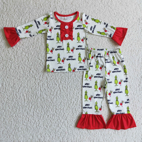 Green pattern child fancy lounge wear kids pajamas outfits baby girls' clothes sets