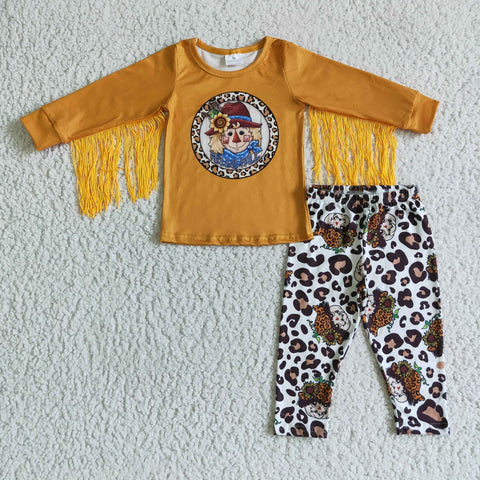 GLP0167 Scarecrow printing baby girls tassel outfits children leopard clothing sets-promotion 2024.10.12