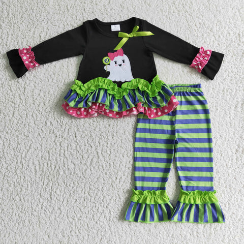 Fashion children embroidery outfits kids ruffle clothing baby girls ghost sets