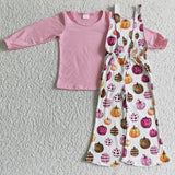 Kids girls pumpkin fall overall boutique pink sets