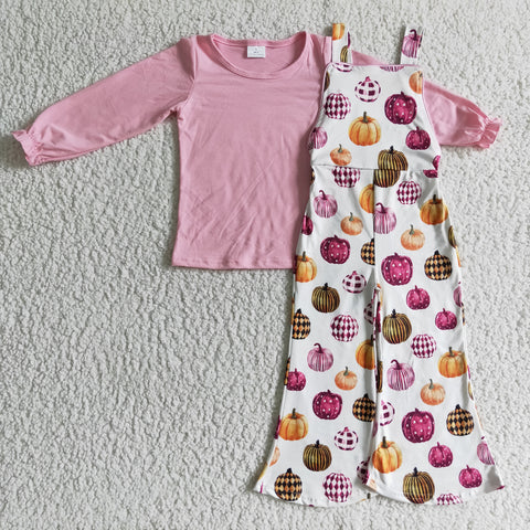 Kids girls pumpkin fall overall boutique pink sets