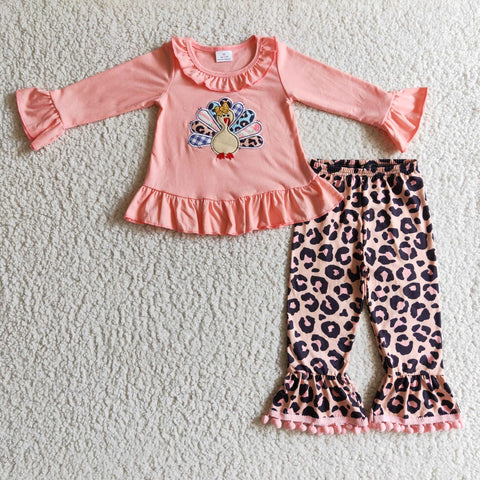 Fall children turkey sets baby embroidered outfits kids leopard girls clothing