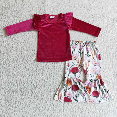 Fancy 2pcs children cloths baby rose pink outfits girls velvet tops kids floral clothing sets