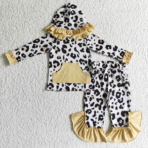 Winter clothes children's leopard outfits girls hooded clothing sets