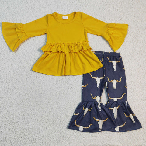 GLP0368 Mustard flare top 2pcs girls toddler outfit-promotion 2025.1.4