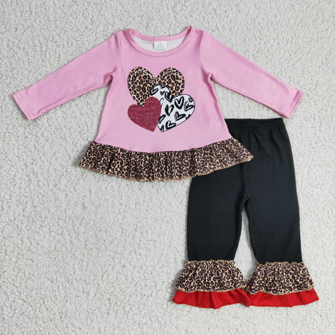 Valentine's kids leopard clothing set baby girls pink outfits