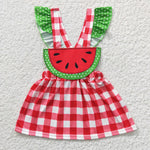 Watermelon embroidery girls red plaid dress