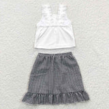 Kids white top black plaid skirt set