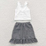 Kids white top black plaid skirt set