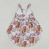 Highland cow floral strap kids dress