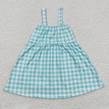 Cow embroidery girls green plaid dress
