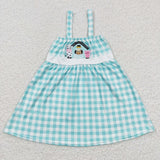 Cow embroidery girls green plaid dress