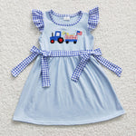 4th of July embroidery tractor girls blue dress