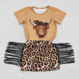 Highland cow shirt leopard kids fringe set