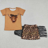 Highland cow shirt leopard kids fringe set