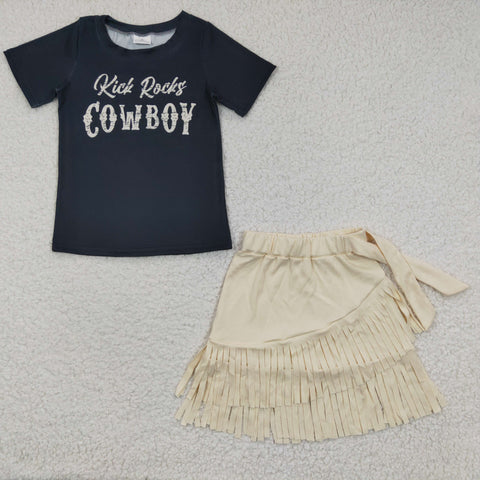 Cowboy black t shirt girls cotton fringe skrt set