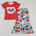 Cartoon car print girls red clothes outfit