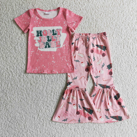 Holly Jolly fancy kids girls pink outfits children christmas clothing