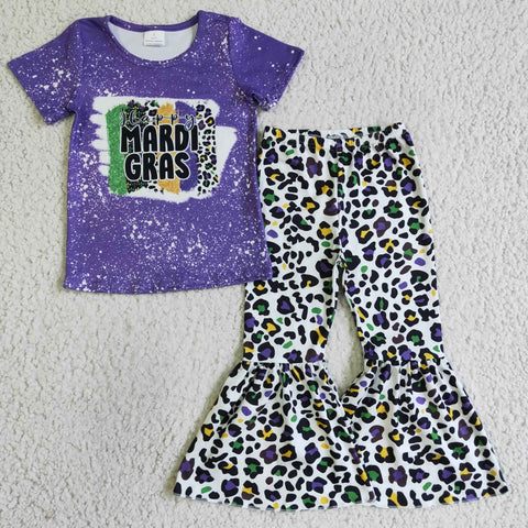 Purple baby girls leopard outfits mardi gras kids clothing