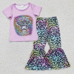 Highland cow children's leopard bell bottoms purple outfit