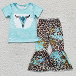 Kids blue top cow head girls leopard outfits