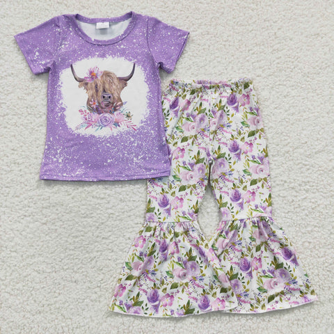 Cow spring girls floral purple outfit