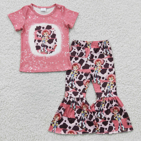 Cartoon pink cow print bell bottom girls cute outfit